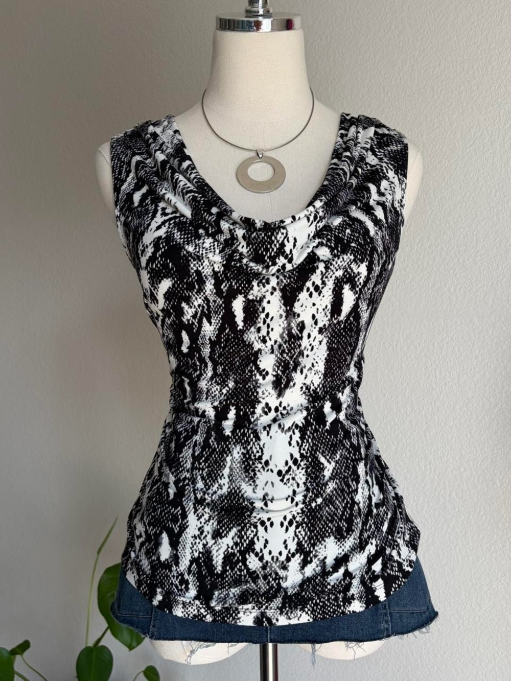 Calvin Klein Black & White Snake-Print Cowl Neck Tank